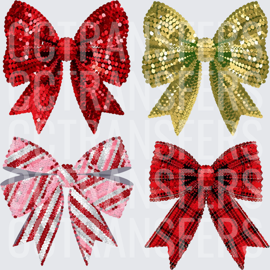 Four Sequin Holiday Bows Red Gold Plaid Candy Stripe (DTF)
