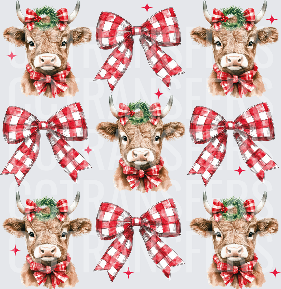Christmas Highland Cow Buffalo Plaid Bows Holiday Pattern (DTF)
