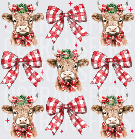 Christmas Highland Cow Buffalo Plaid Bows Holiday Pattern (DTF)