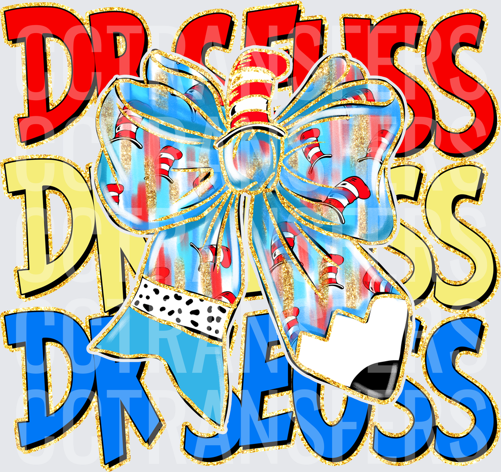 Dr Seuss Stacked Text Blue Coquette Bow Cat Hat (DTF)