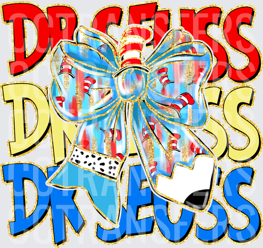 Dr Seuss Stacked Text Blue Coquette Bow Cat Hat (DTF)