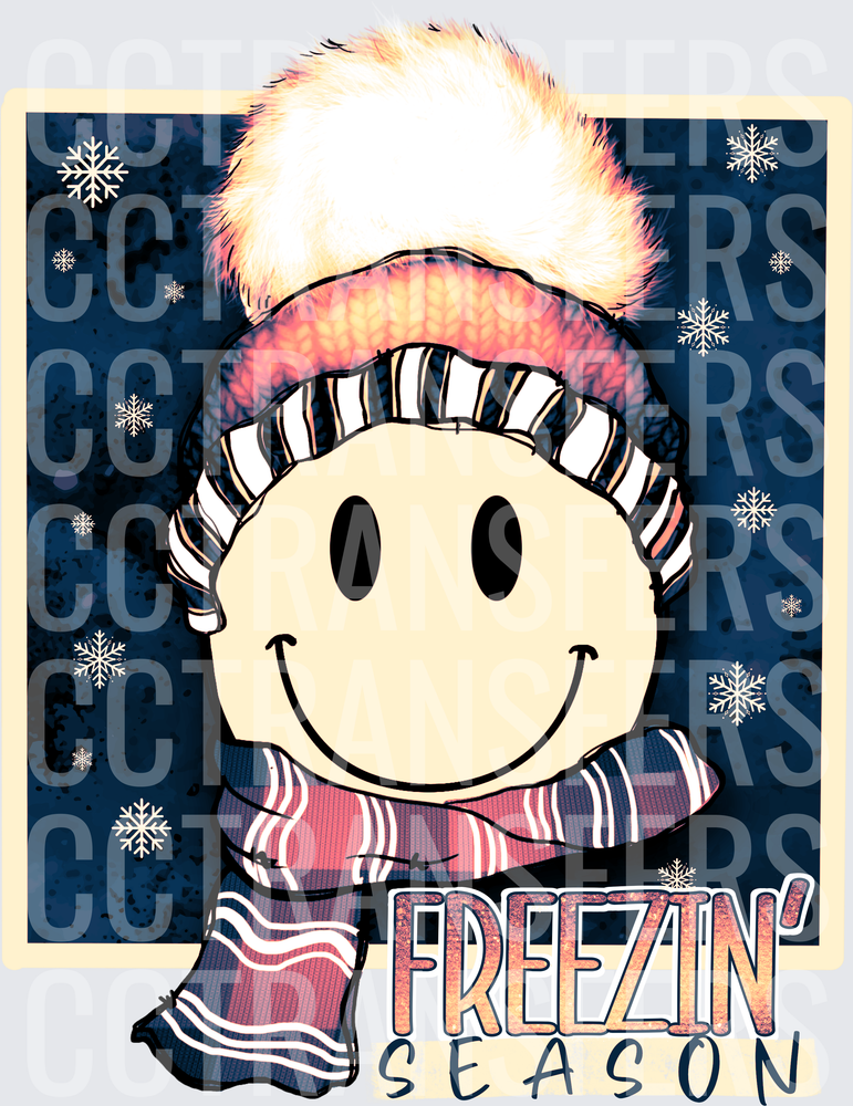 Freezin' Season Smiley Face Winter Hat Scarf Snowflakes (DTF)