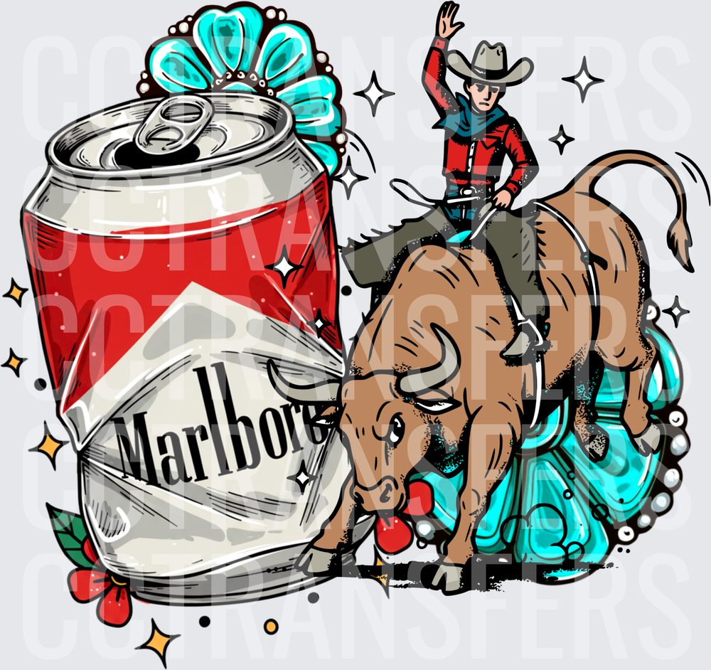 Cowboy Bull Rider Crushed Beer Can Turquoise Floral (DTF)