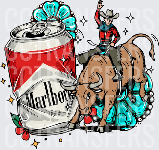 Cowboy Bull Rider Crushed Beer Can Turquoise Floral (DTF)