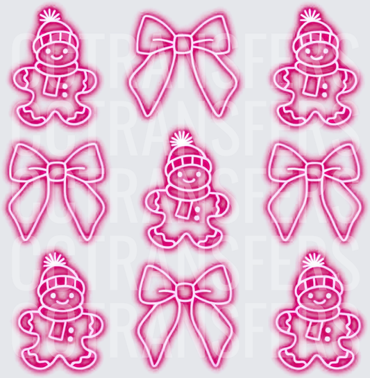 Pink Neon Gingerbread Men and Bows Christmas Bundle (DTF)