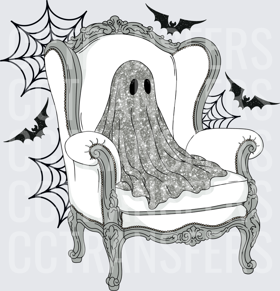 Glitter Ghost Sitting in Ornate Victorian Chair with Bats (DTF)