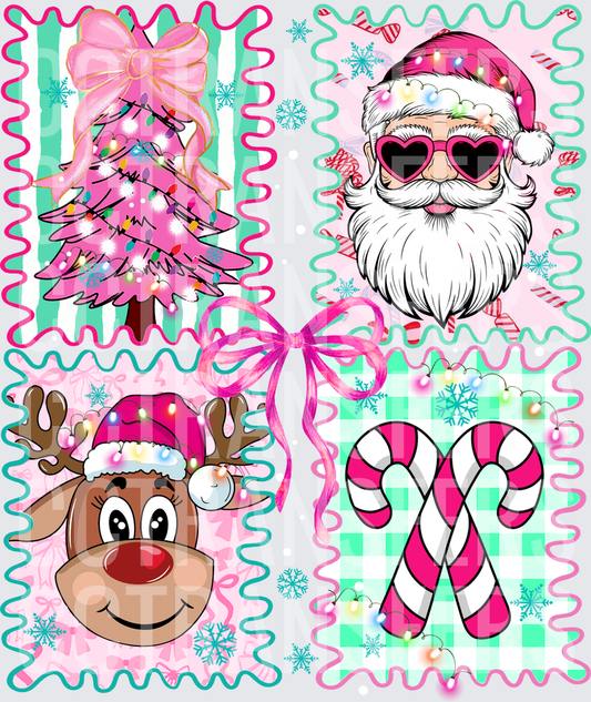 Pink Christmas Stamp Panel Santa Reindeer Tree Candy Cane (DTF)