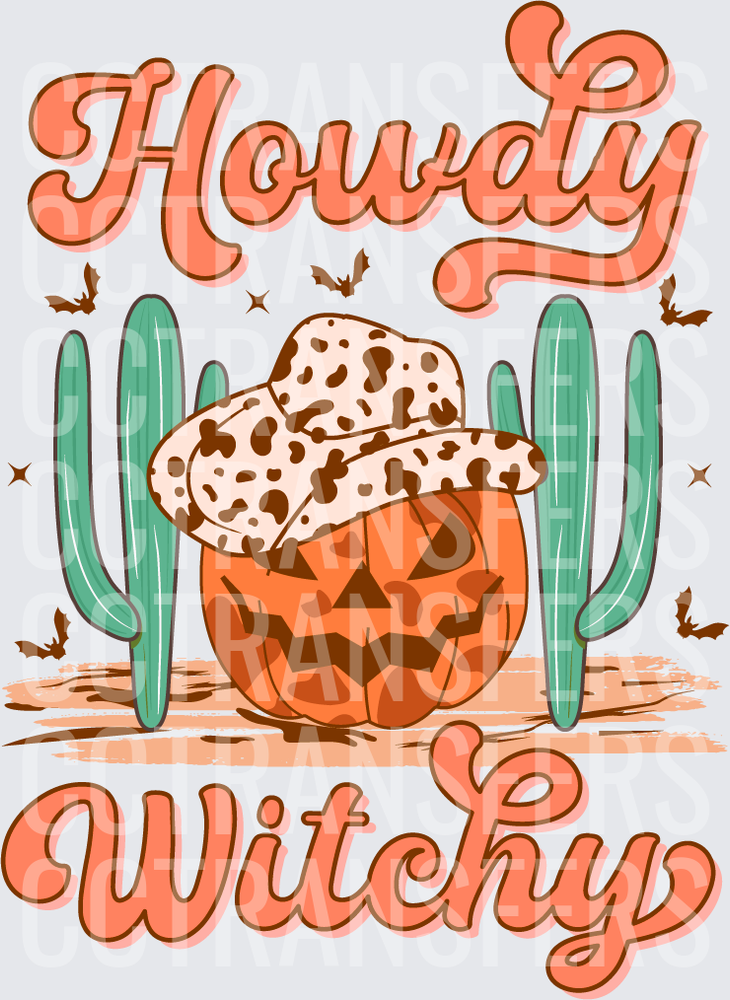 Howdy Witchy Jack-O-Lantern Cow Print Cowboy Hat Cactus (DTF)