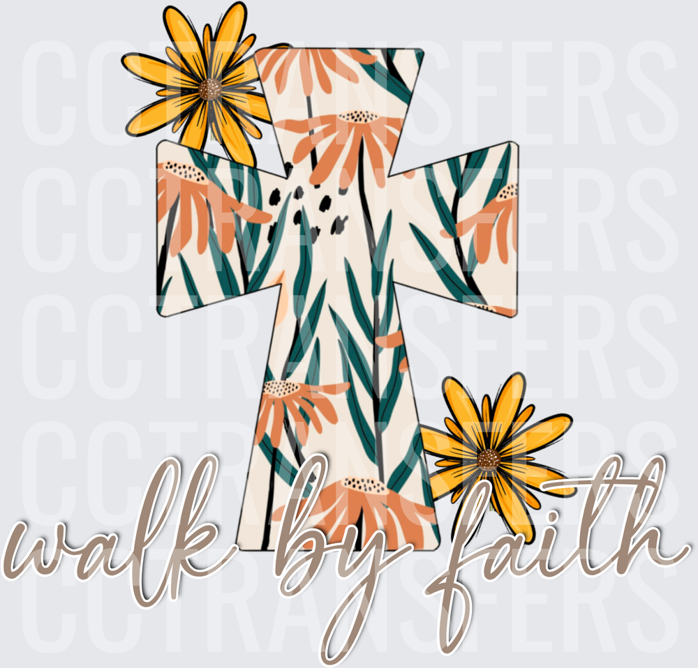 Walk By Faith Floral Cross with Yellow Daisies (DTF)
