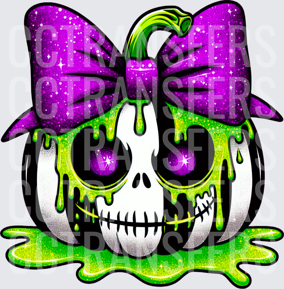 Glitter Skull Pumpkin Green Slime Purple Bow Halloween (DTF)