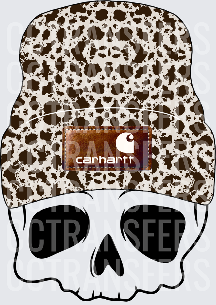 Skull Wearing Cow Print Beanie with Leather Patch (DTF)