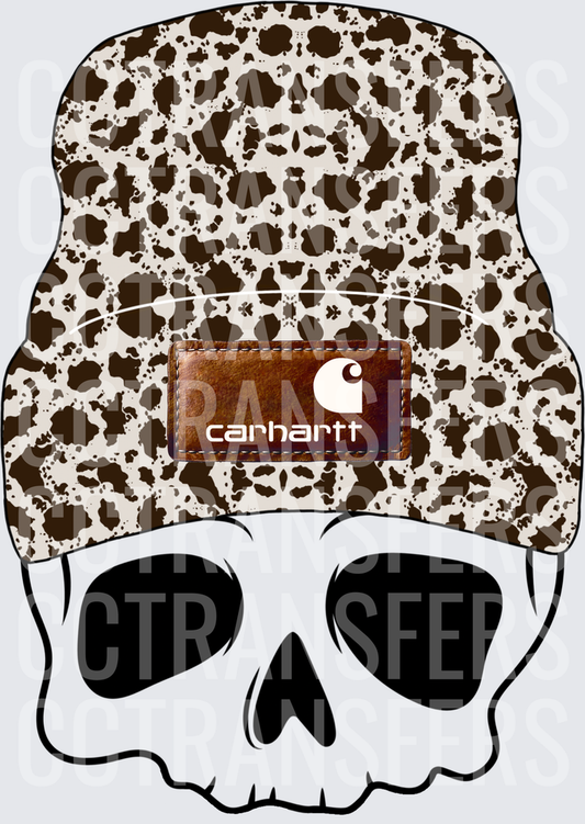 Skull Wearing Cow Print Beanie with Leather Patch (DTF)
