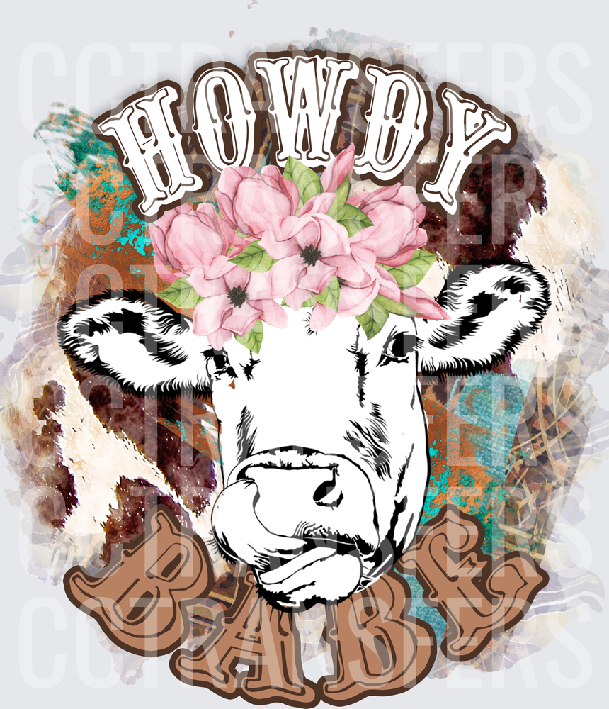 Howdy Babe Floral Crown Cow Western (DTF)