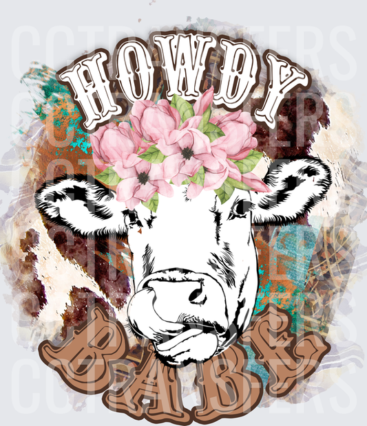 Howdy Babe Floral Crown Cow Western (DTF)