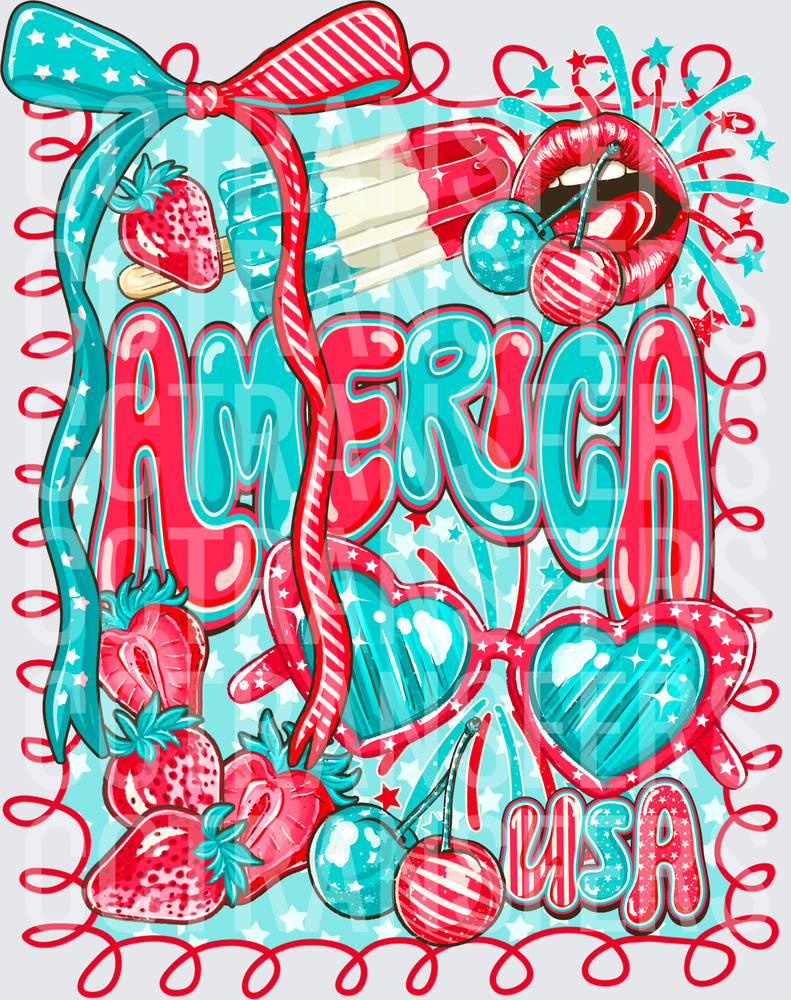 America USA Retro Red Teal Stars Cherries Strawberries (DTF)