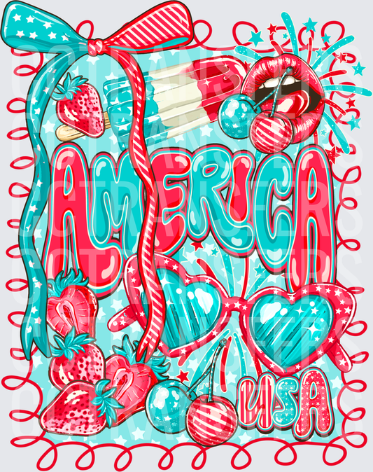 America USA Retro Red Teal Stars Cherries Strawberries (DTF)