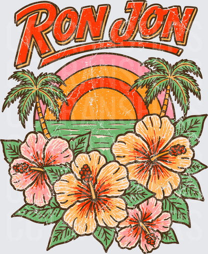 Vintage Tropical Sunset Hibiscus Floral Beach Scene (DTF)