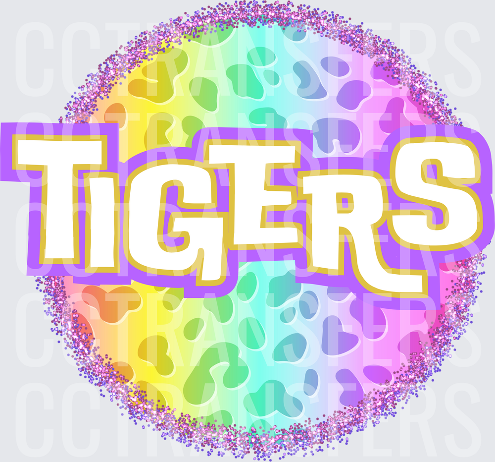 Rainbow Leopard Glitter Circle Tigers Bold Text (DTF)