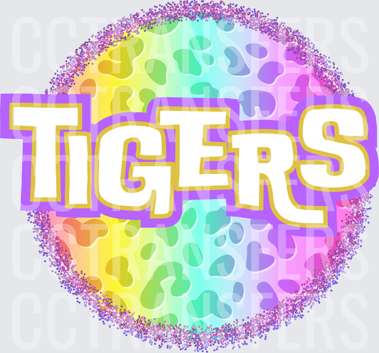 Rainbow Leopard Glitter Circle Tigers Bold Text (DTF)