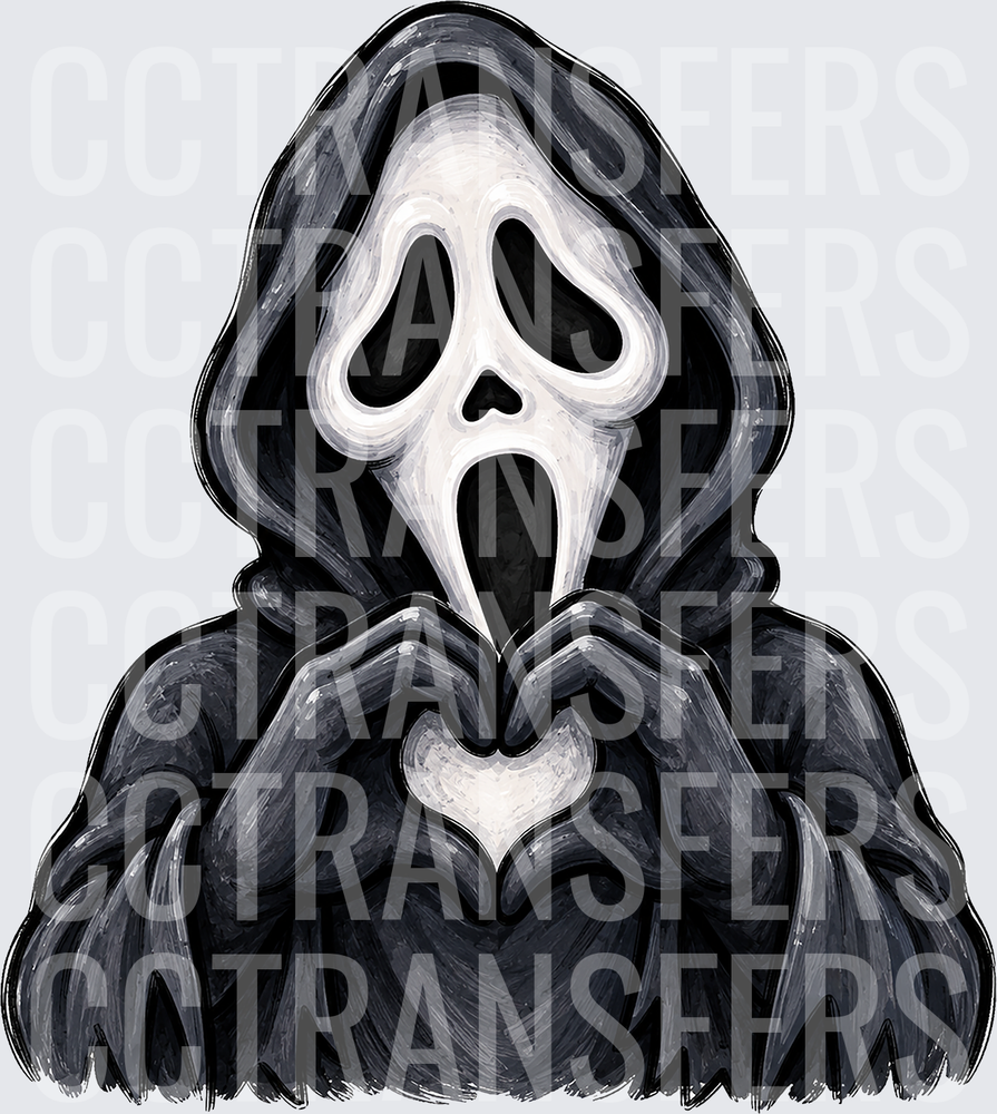 Hooded Ghost Mask Figure Making Heart Hand Gesture (DTF)