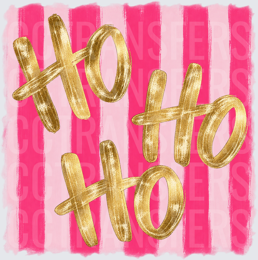 Ho Ho Ho Gold Script Pink Stripe Christmas (DTF)