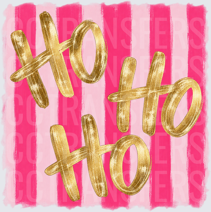 Ho Ho Ho Gold Script Pink Stripe Christmas (DTF)