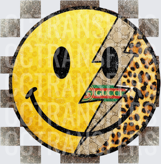 Yellow Smiley Face Lightning Bolt Luxury Leopard Print (DTF)