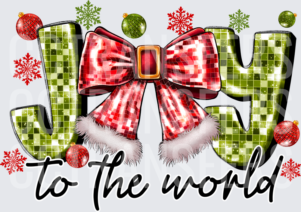 Joy To The World Green Disco Letters Red Bow Santa Hat (DTF)