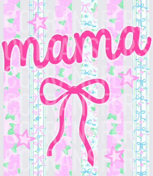 Mama Hot Pink Bow Stars Floral Stripe Pattern (DTF)