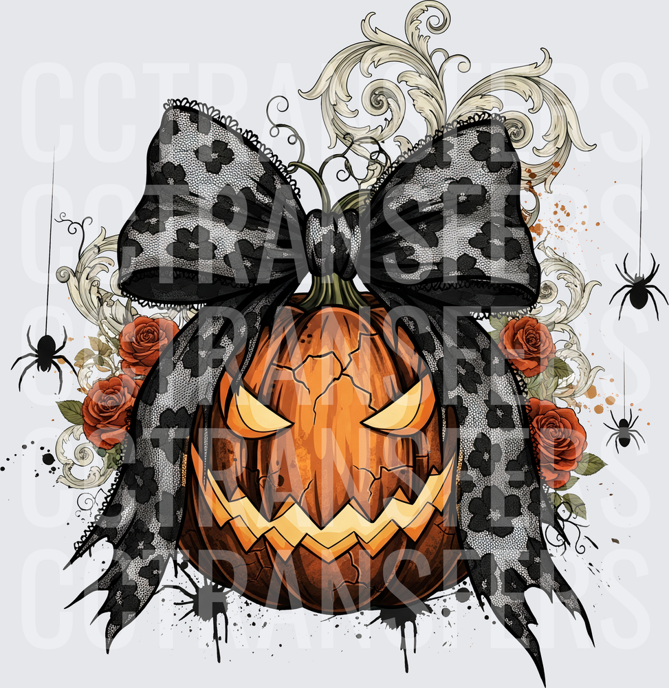Glowing Jack-O-Lantern Black Lace Bow Roses Spiders (DTF)