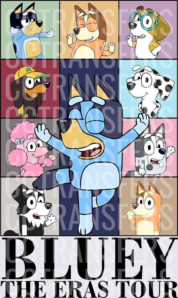 Cartoon Blue Dog Eras Tour Character Collage (DTF)