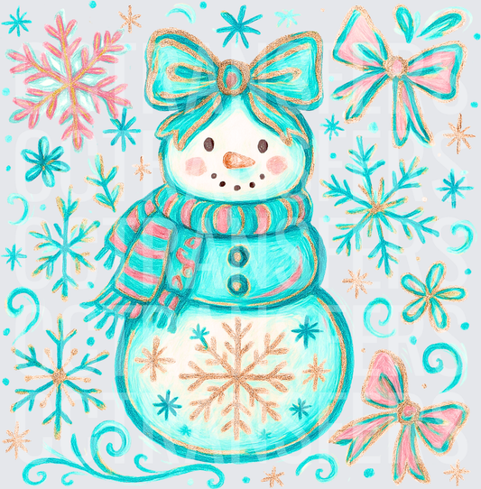 Teal Pink Coquette Snowman Bow Snowflakes Winter (DTF)