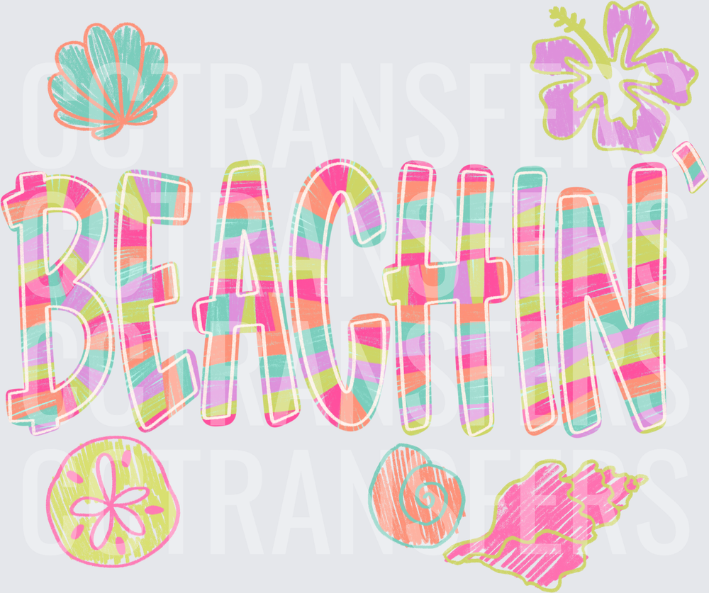 Beachin' Colorful Striped Lettering with Seashells and Hibiscus (DTF)