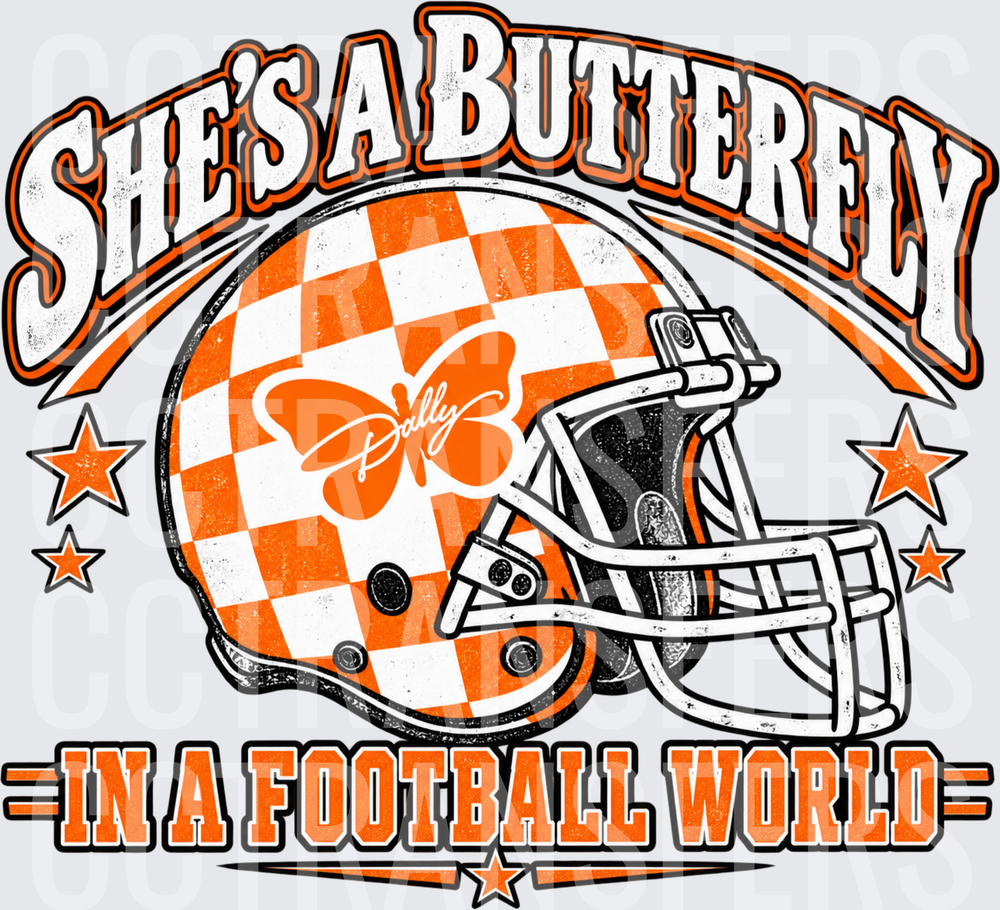She's A Butterfly In A Football World Orange Checkered Helmet (DTF)