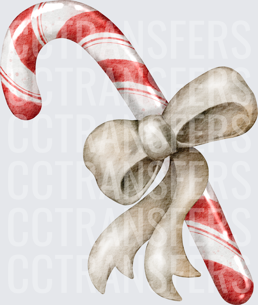 Watercolor Candy Cane with Neutral Satin Bow (DTF)