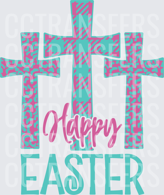 Happy Easter Three Patterned Crosses Pink Teal (DTF)