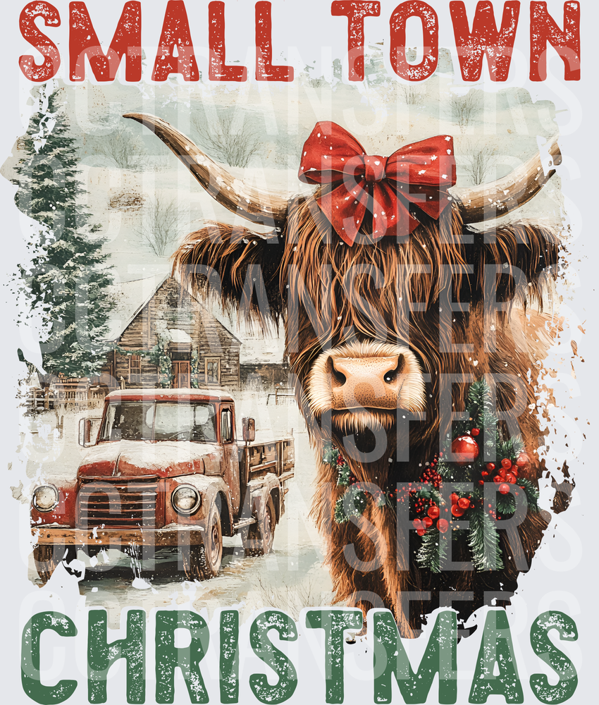Small Town Christmas Highland Cow Red Bow Wreath (DTF)