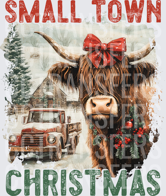 Small Town Christmas Highland Cow Red Bow Wreath (DTF)