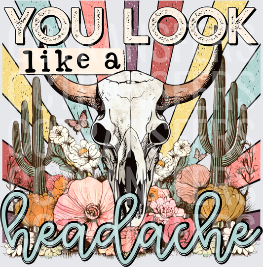 You Look Like A Headache Boho Bull Skull Floral Western (DTF)