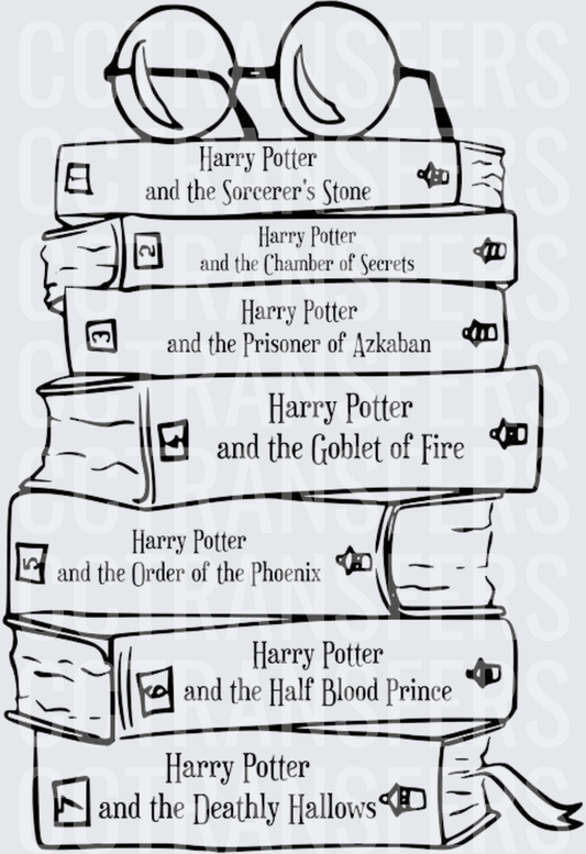 Stacked Wizard Book Series with Round Glasses Line Art (DTF)