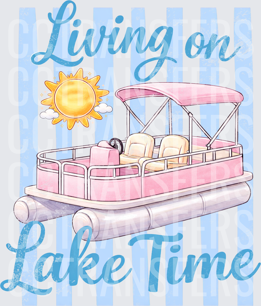 Living on Lake Time Pink Pontoon Boat Sunshine (DTF)