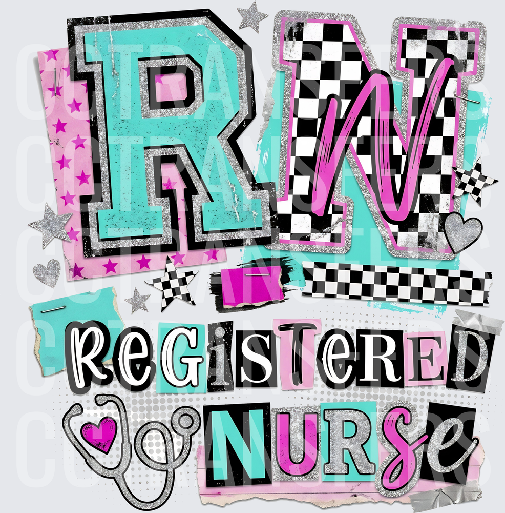 RN Registered Nurse Checkered Glitter Teal Pink (DTF)