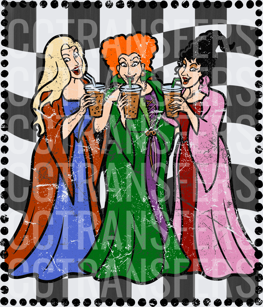 Three Witch Sisters Sipping Iced Coffee Vintage Grunge (DTF)