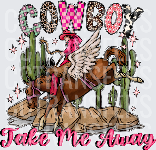 Cowboy Take Me Away Winged Bull Rider Pink Western (DTF)