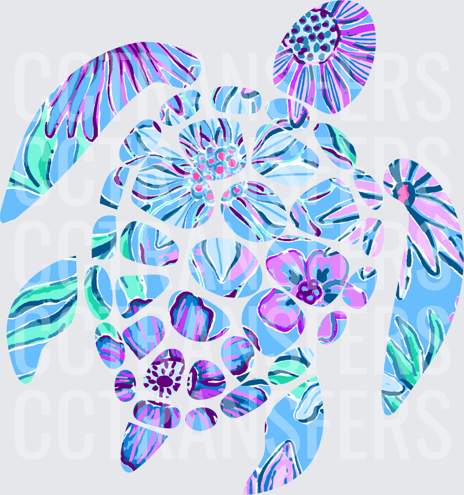 Floral Patterned Sea Turtle Blue Purple Blooms (DTF)