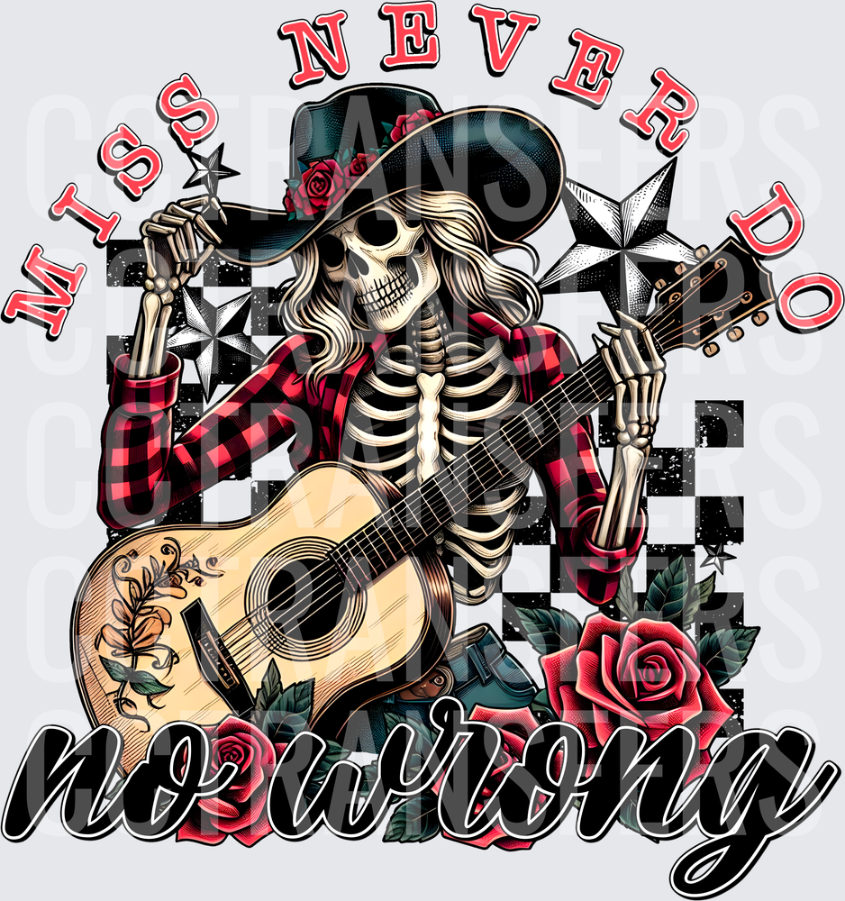Miss Never Do No Wrong Cowgirl Skeleton Guitar (DTF)