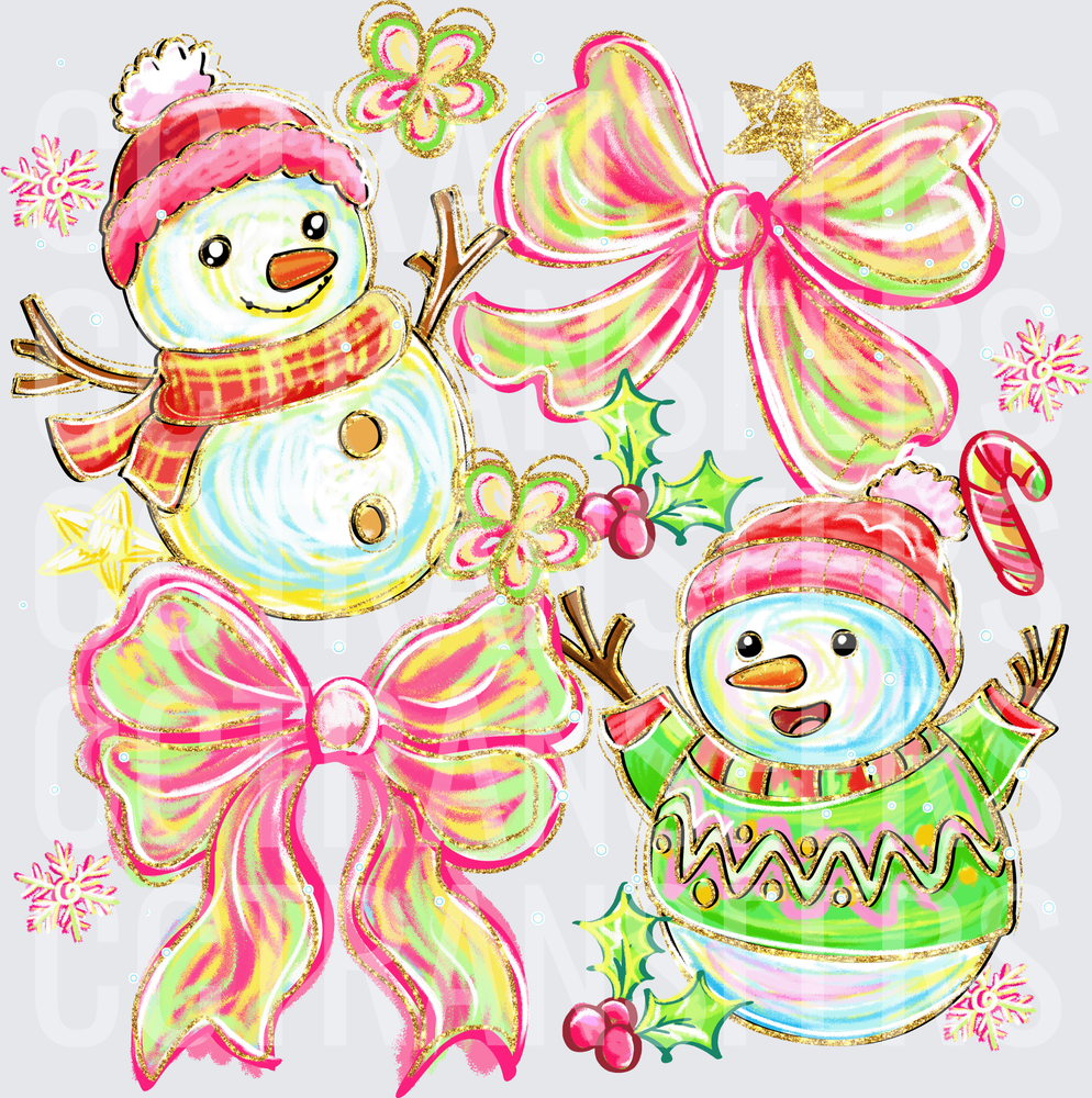 Whimsical Christmas Snowmen Pink Bows Holly Glitter (DTF)