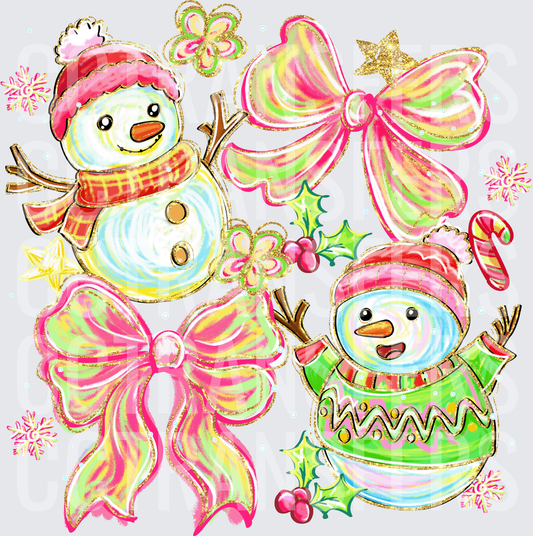 Whimsical Christmas Snowmen Pink Bows Holly Glitter (DTF)