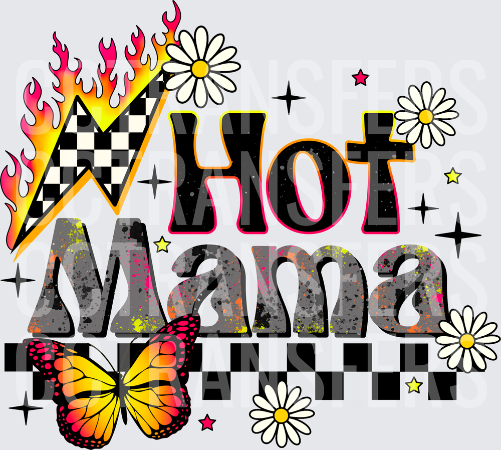 Hot Mama Flaming Checkered Lightning Bolt Butterfly Daisy (DTF)