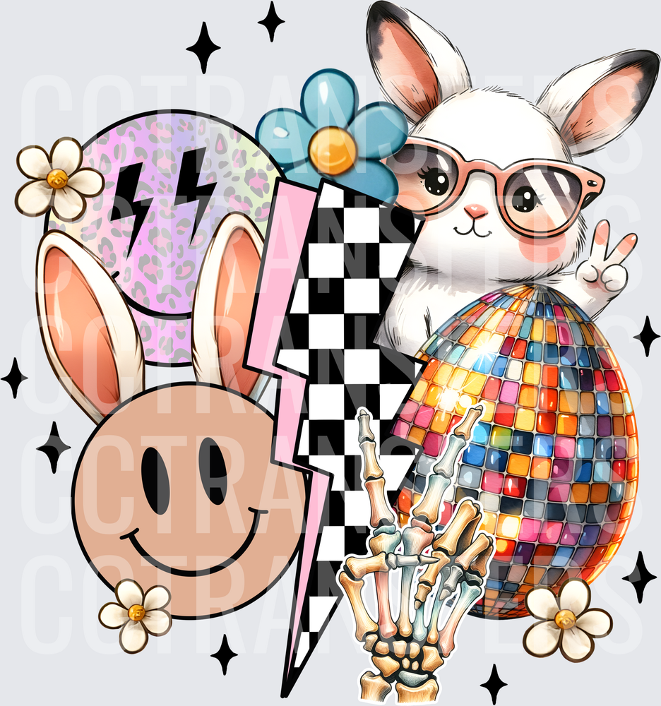 Retro Easter Bunny Disco Egg Smiley Face Skeleton Hand (DTF)